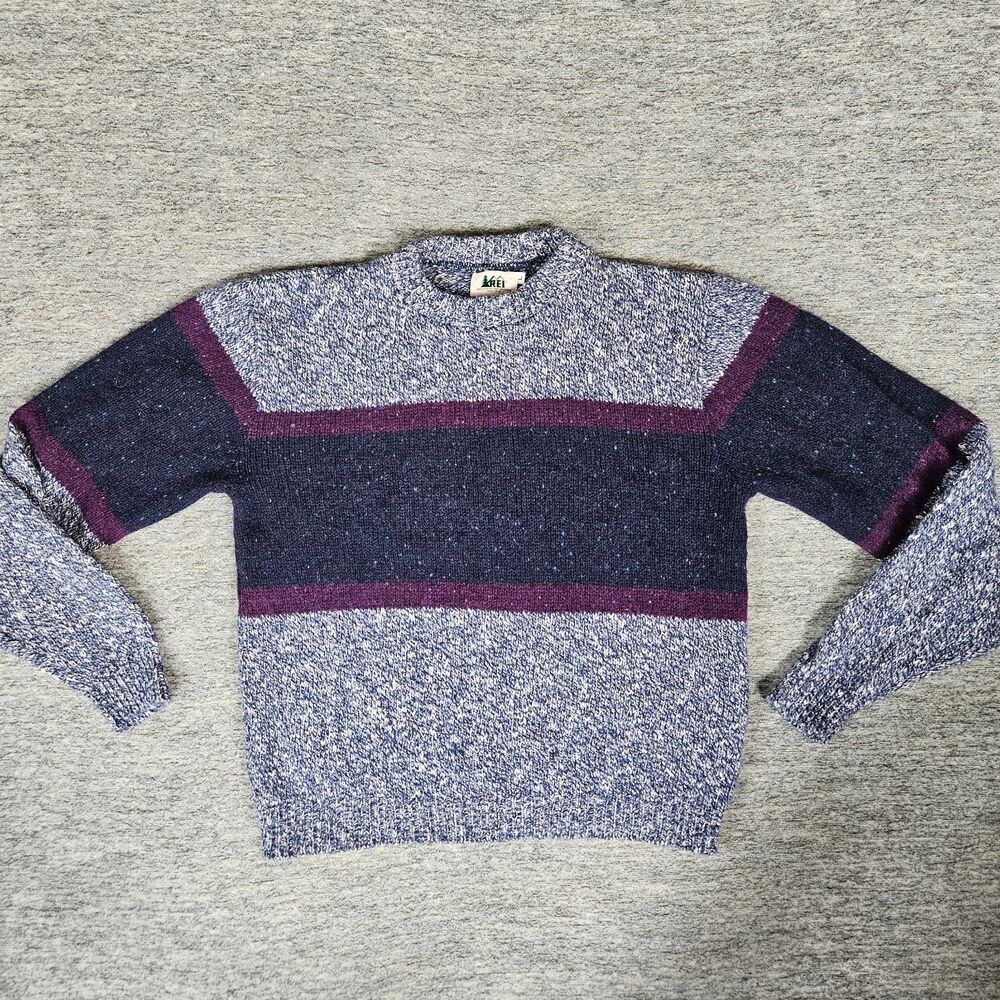 Vintage 80s REI knit Wool Sweater Blue Purple Unisex Size Large Color Block
